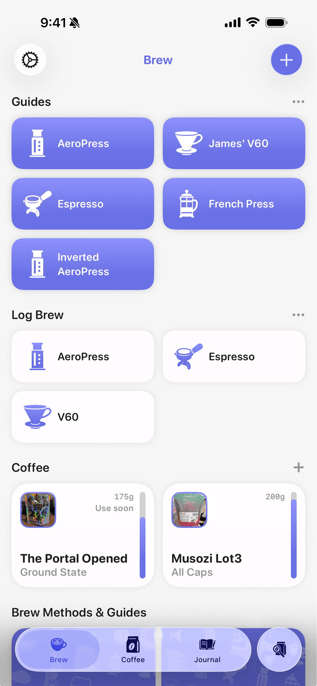 Coffee Book’s brew library, guided recipes, and coffee bags