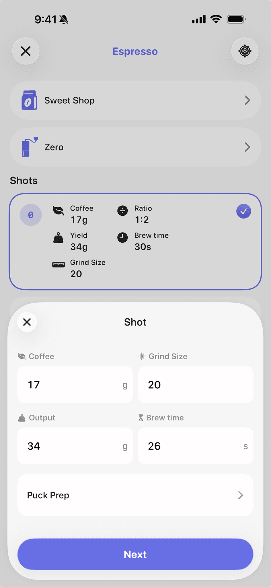 Coffee Book’s espresso dial-in screen showing dose, yield, time, and grind setting
