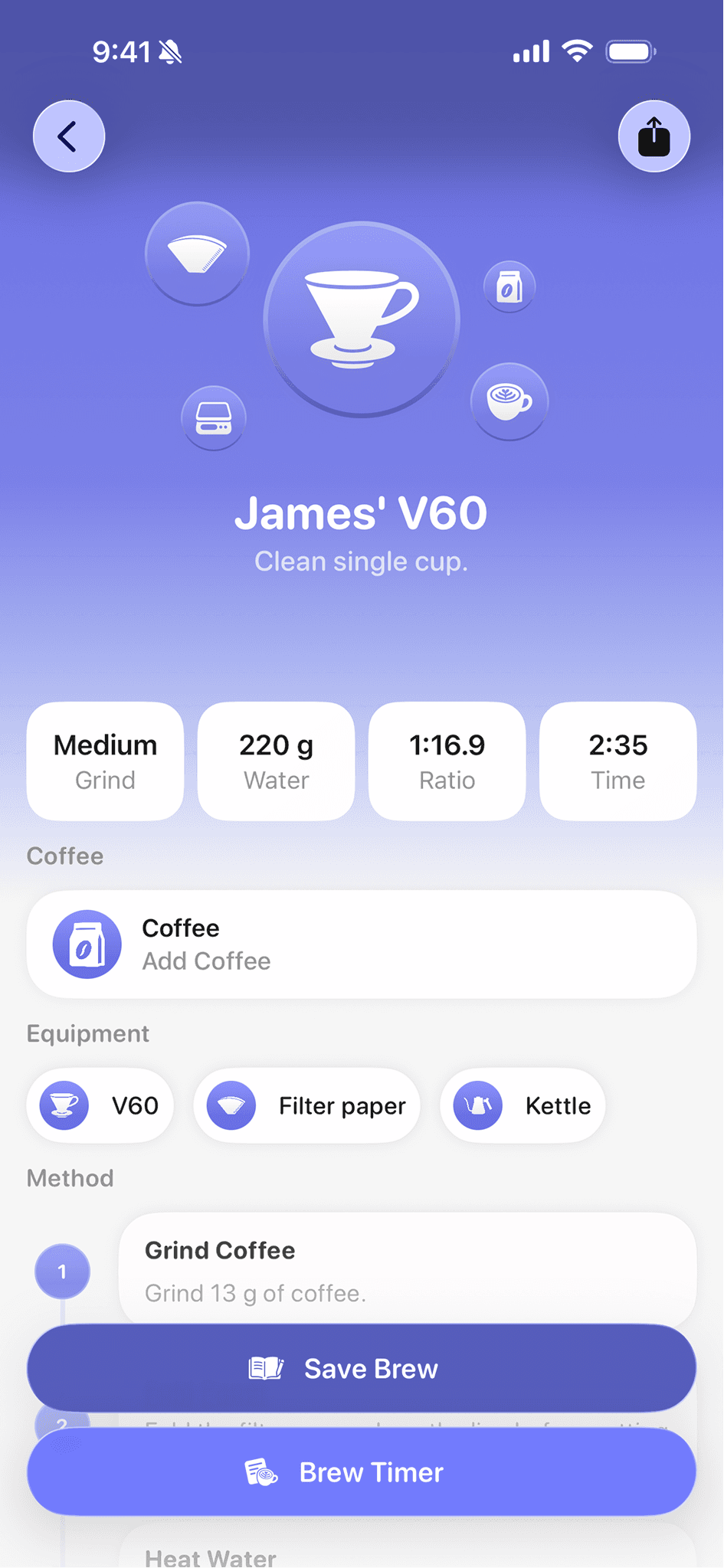 Coffee Book’s James’ V60 recipe with brew timer and preparation steps